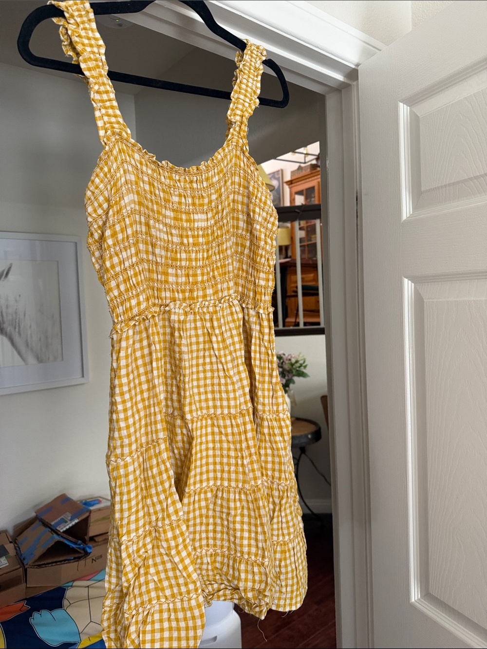 Max Studio Yellow and White Gingham Smocked Dress